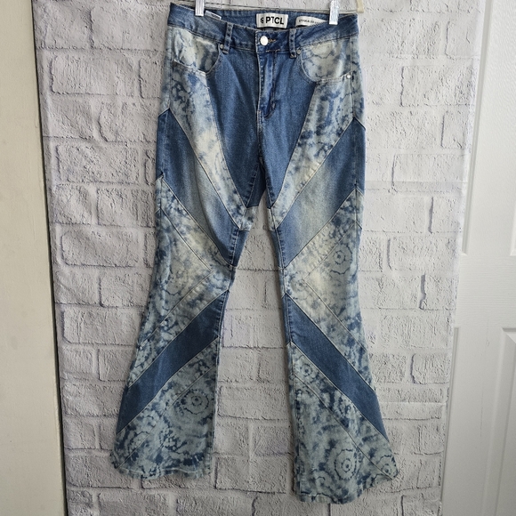 Ptcl Denim - PTCL Women's Blue Tie-Dye‎ Flare Jeans High Waisted NWT Size 28